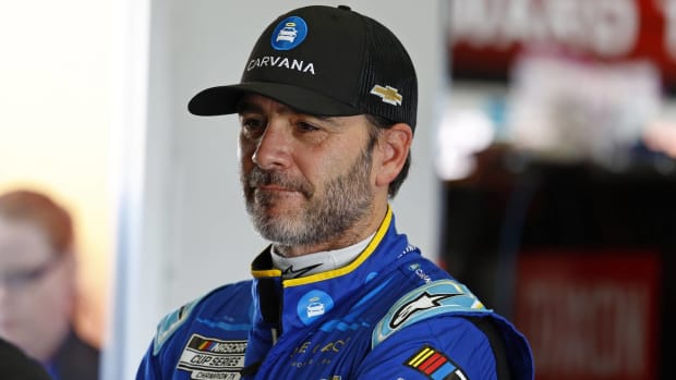NASCAR driver Jimmie Johnson looks on before a race.